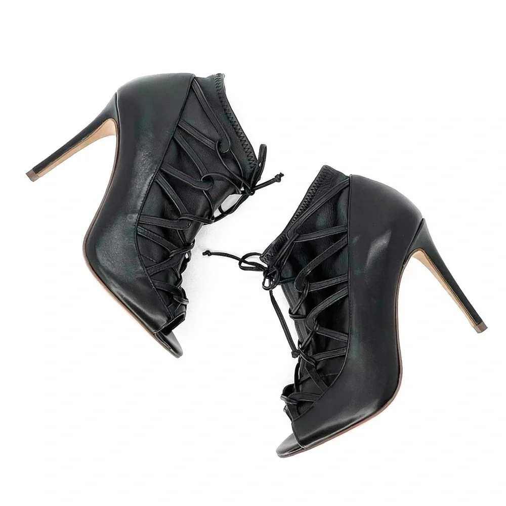 Elie Tahari Orin Heeled Booties Size 6.5 Black Leather Peep Toe Laced EUC